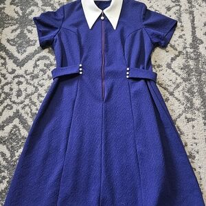 Vintage 1970s Indigo And White Point Collar  Front Zipper Dress